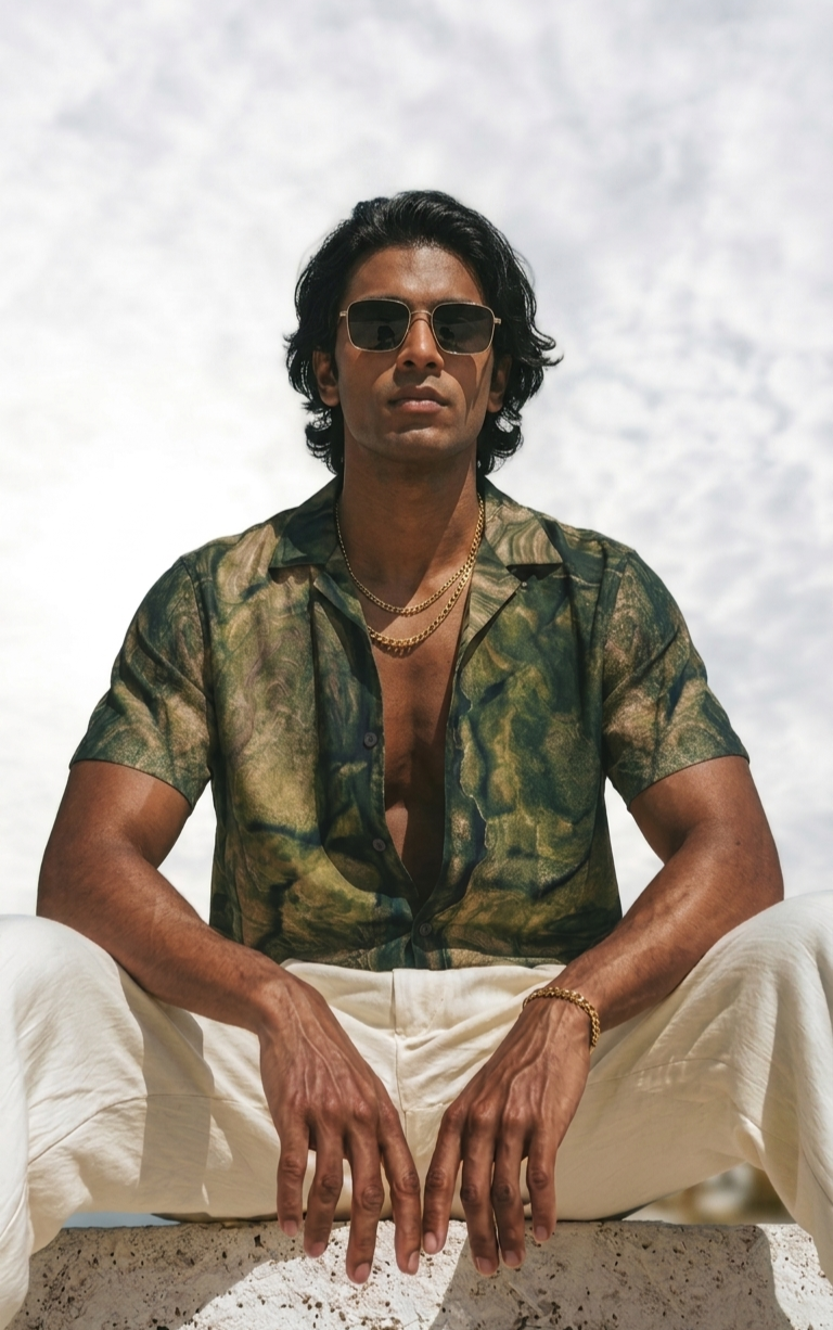 Camp Collar Short Sleeve Shirt - GREEN DOWNFALL